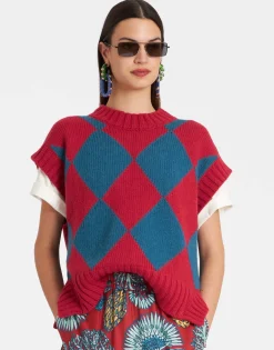 Argyle GiletRed & Blue in Wool