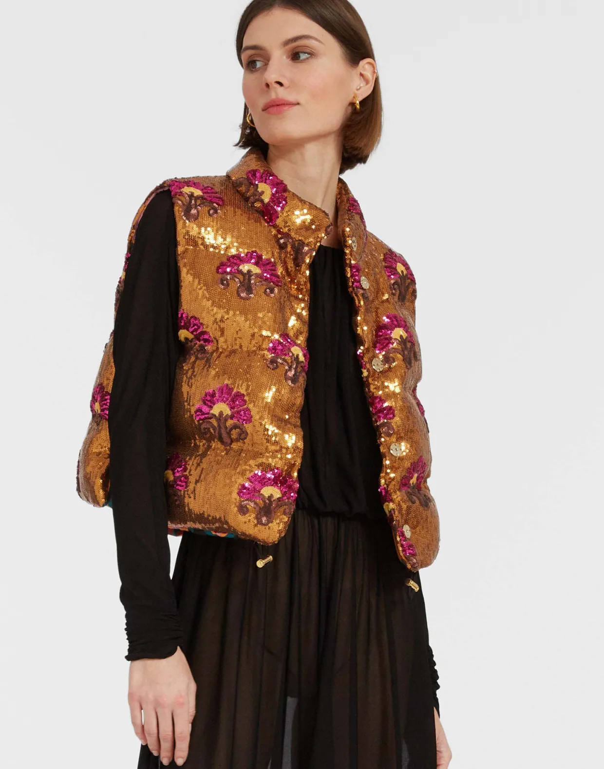 Bonbon Puffer VestBronze in Textured Sequins