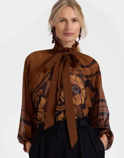 Cerere BlouseBig Blooms Plac&eacute;e Brown in Silk Chiffon