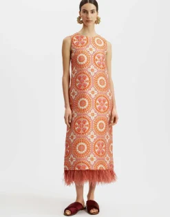 Column DressSun Orange in Jacquard With Feathers