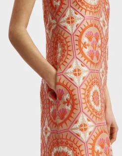 Column DressSun Orange in Jacquard With Feathers