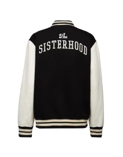 Embroidered Sisterhood Varsity BomberSolid Black in Jersey