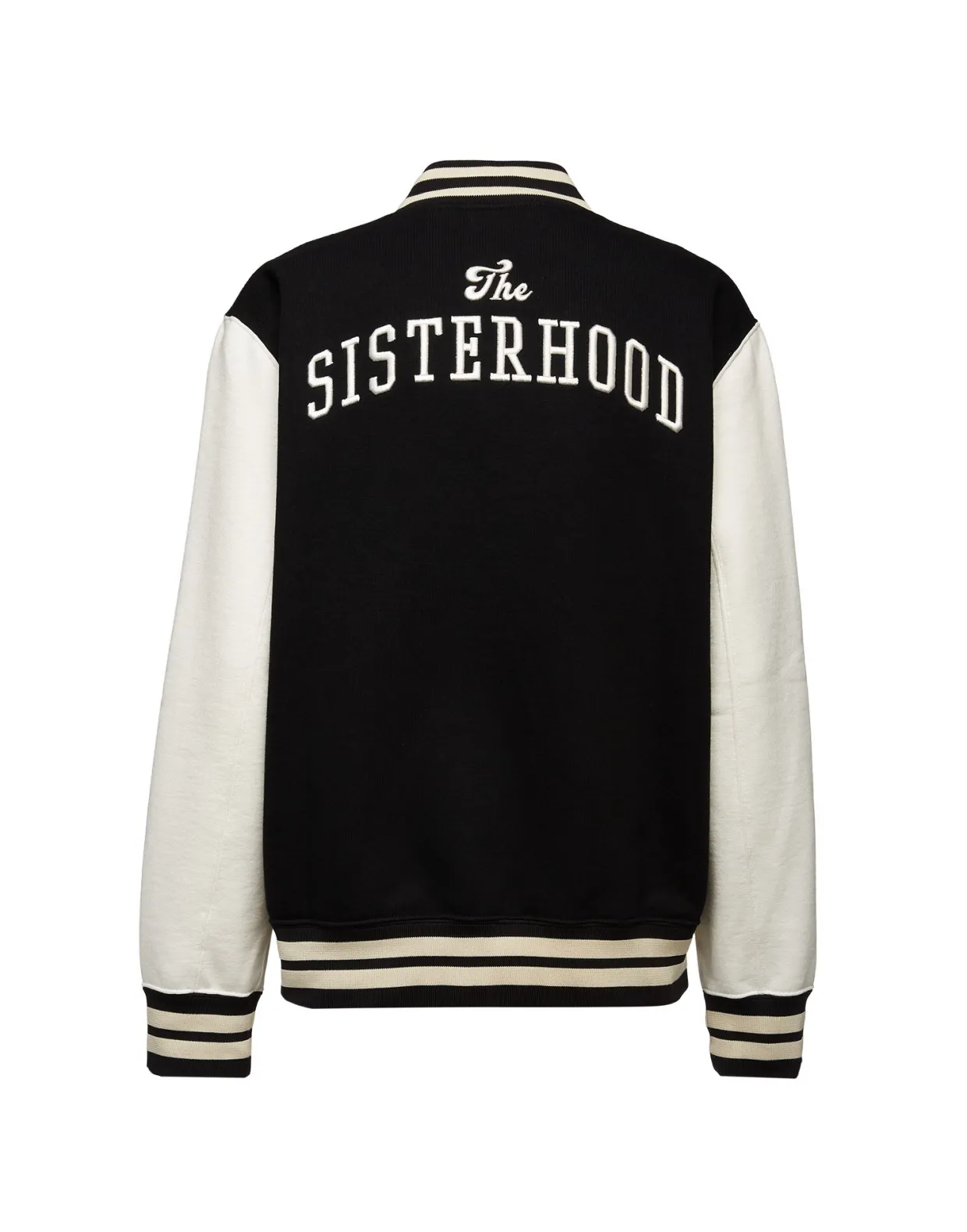 Embroidered Sisterhood Varsity BomberSolid Black in Jersey