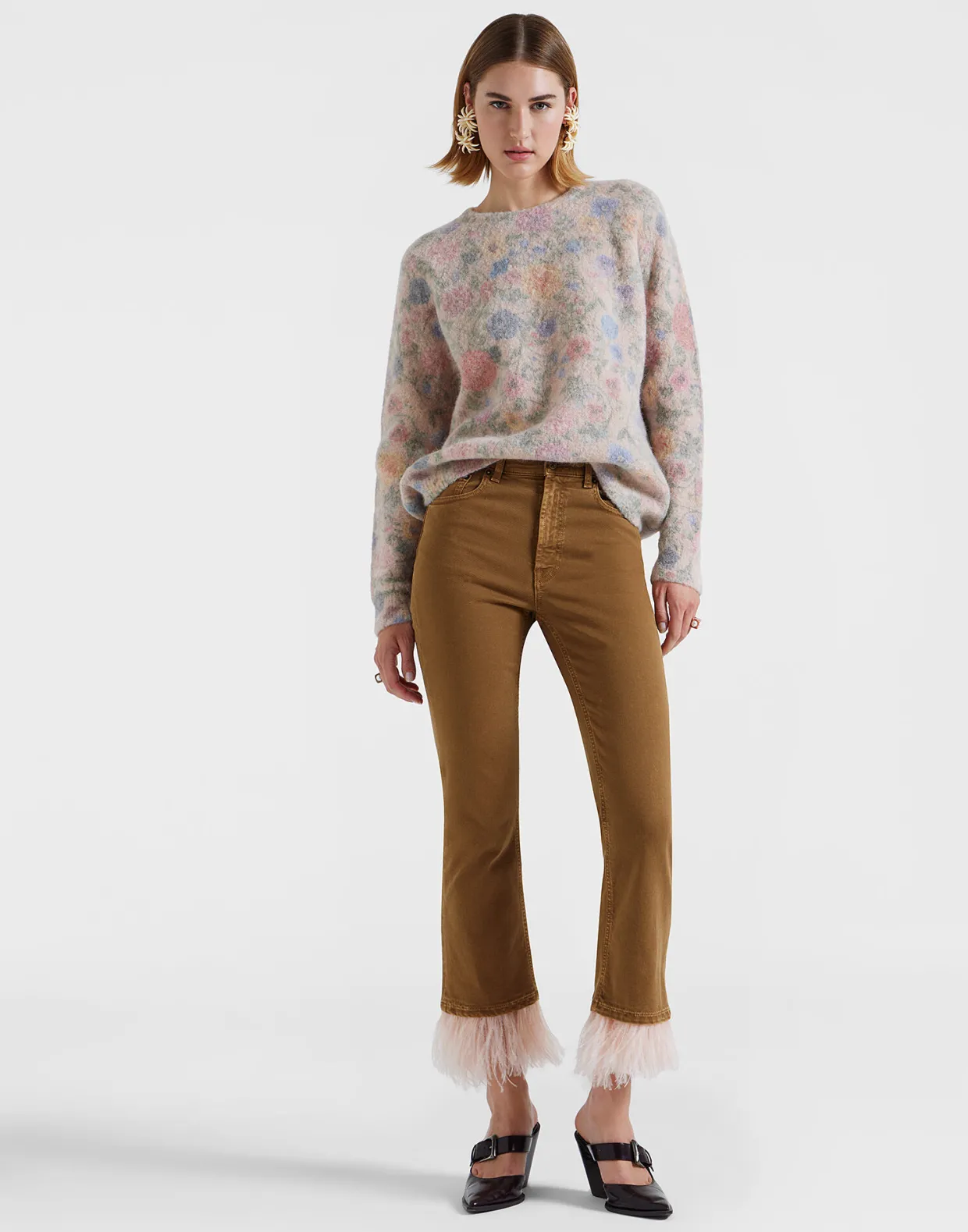 Fancy Crop JeansKhaki in Denim With Feathers