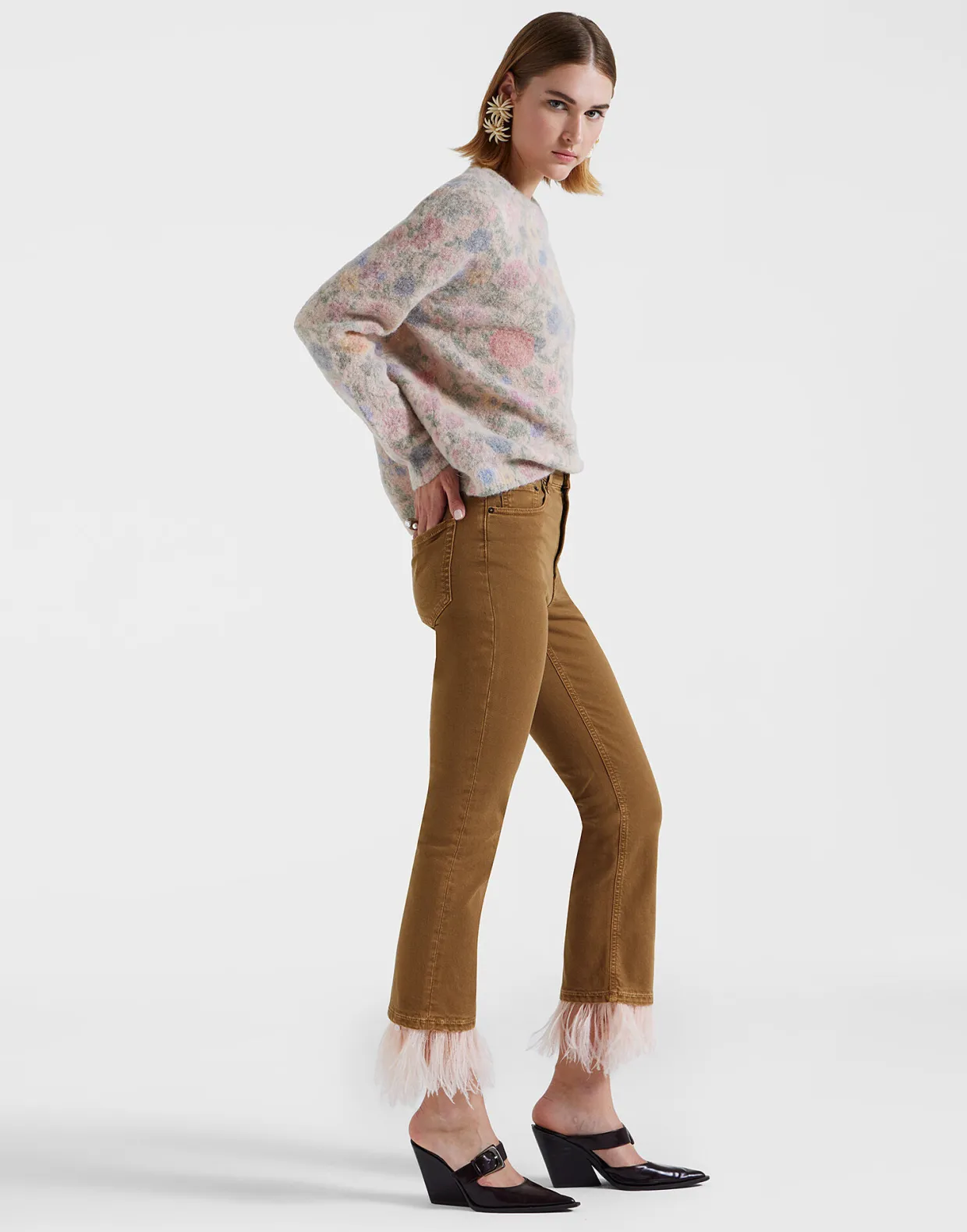 Fancy Crop JeansKhaki in Denim With Feathers