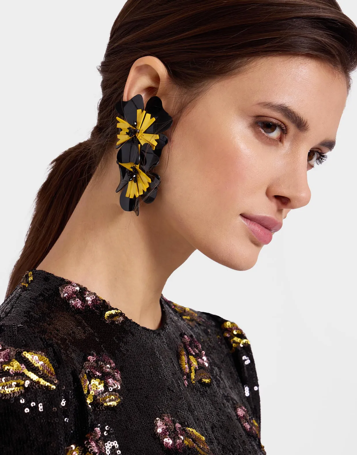 Flora EarringsSolid Black in Macro Pansy