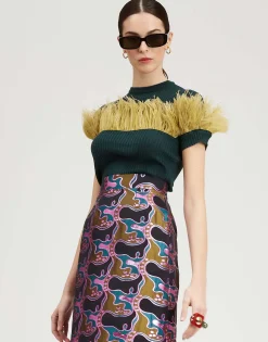 High Kick TeeGreen in Ribbed Silk Cashmere With Feathers