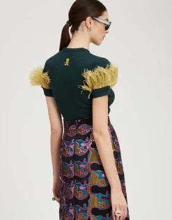 High Kick TeeGreen in Ribbed Silk Cashmere With Feathers
