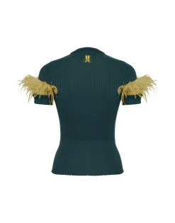 High Kick TeeGreen in Ribbed Silk Cashmere With Feathers