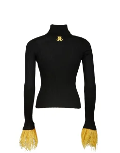 High Kick TopBlack in Ribbed Silk Cashmere With Feathers