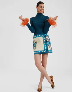 High Kick TopBlue in Ribbed Silk Cashmere With Feathers