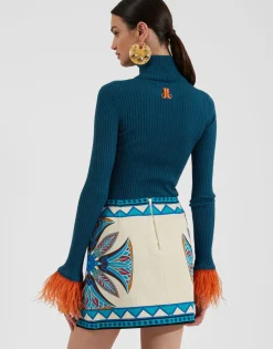 High Kick TopBlue in Ribbed Silk Cashmere With Feathers