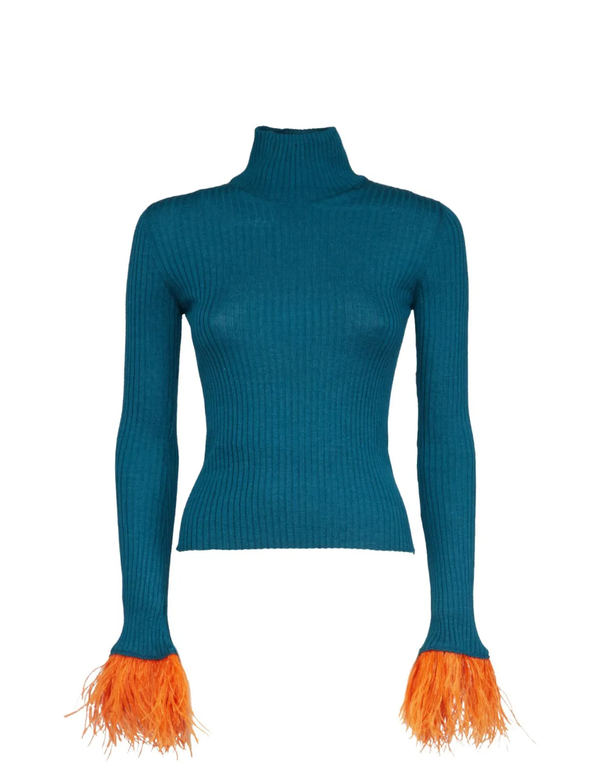 High Kick TopBlue in Ribbed Silk Cashmere With Feathers