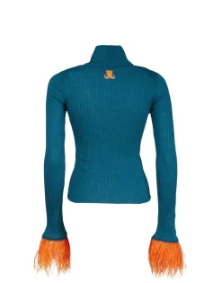 High Kick TopBlue in Ribbed Silk Cashmere With Feathers