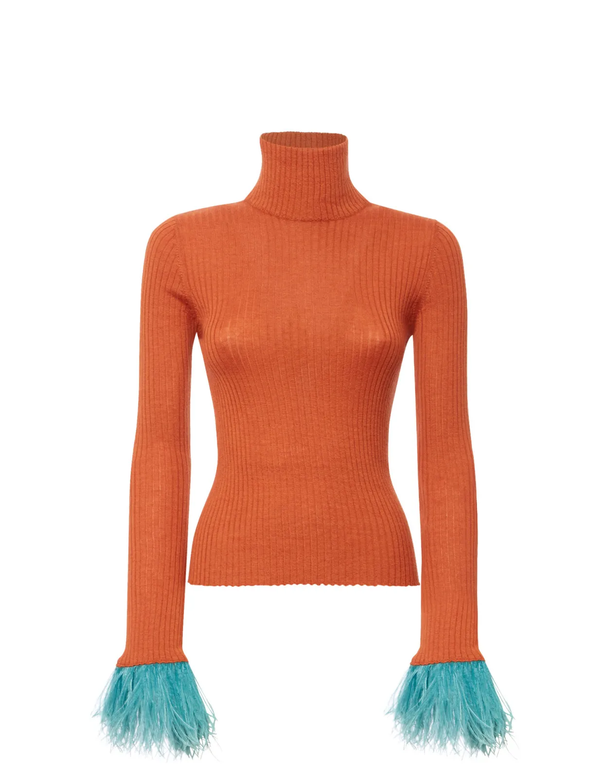 High Kick TopOrange in Ribbed Silk Cashmere With Feathers