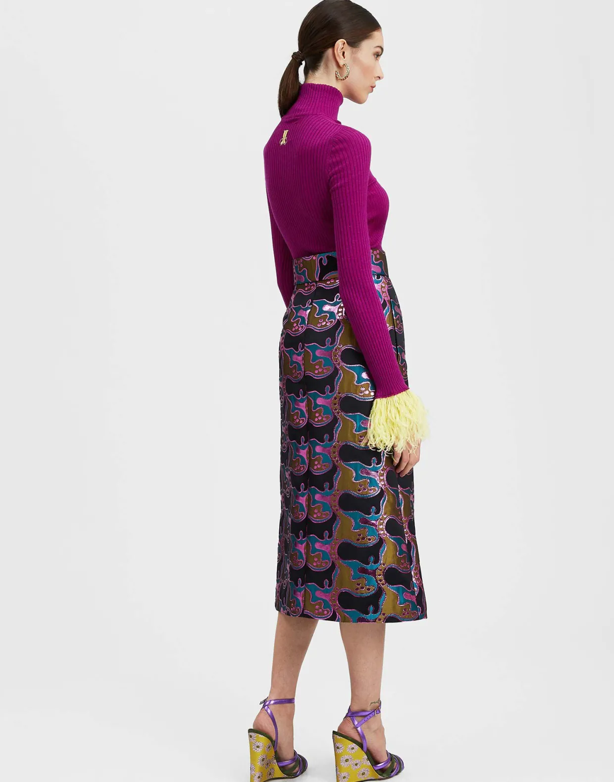 High Kick TopPurple in Ribbed Silk Cashmere With Feathers