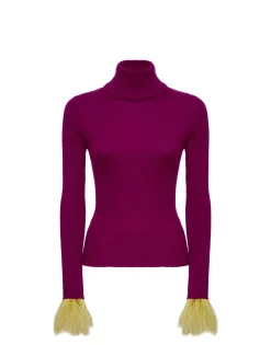 High Kick TopPurple in Ribbed Silk Cashmere With Feathers