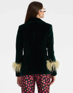 Keaton JacketBlue Petrol in Velvet With Feathers