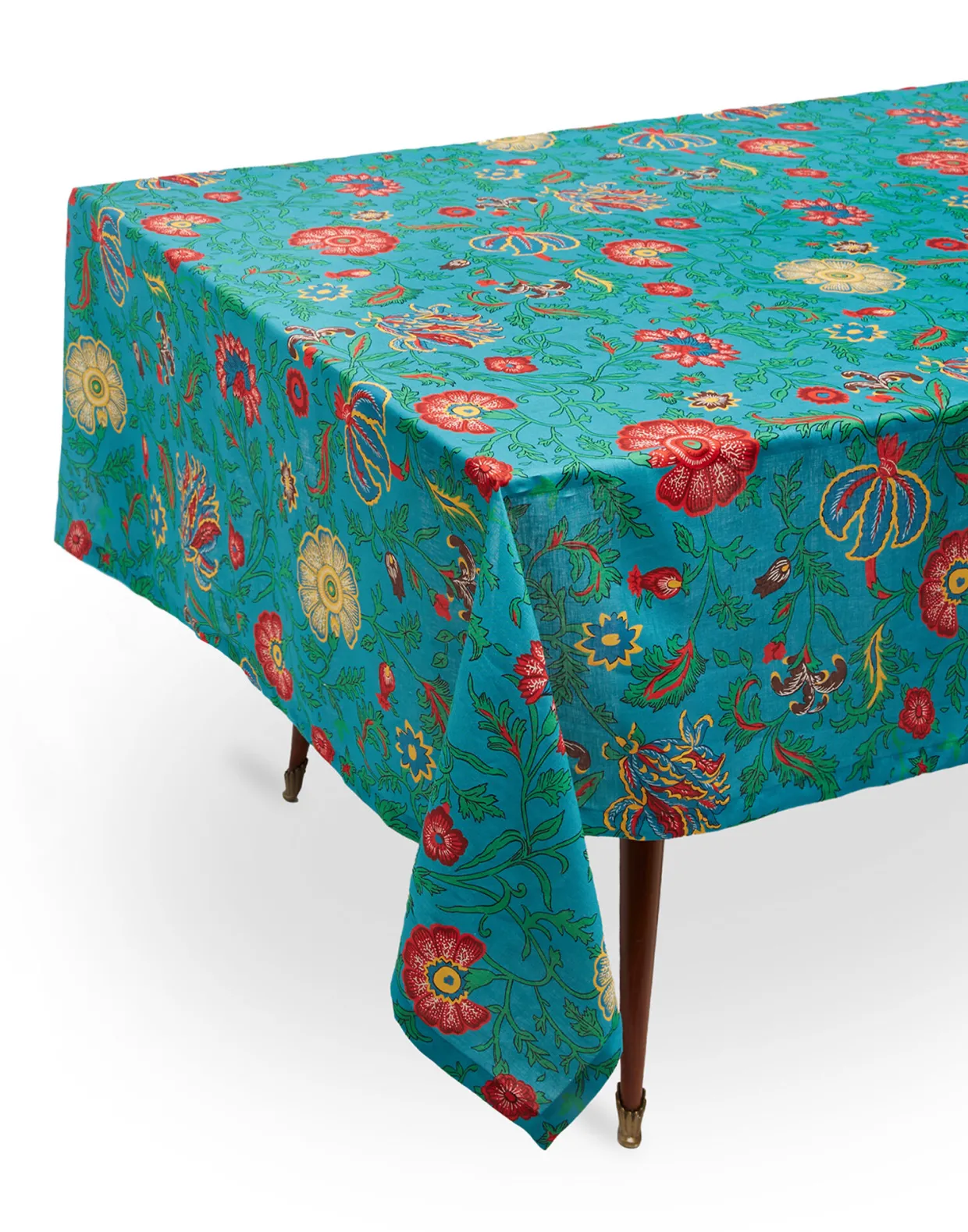 Large Tablecloth (180x350)Dragon Flower Turchese in Linen