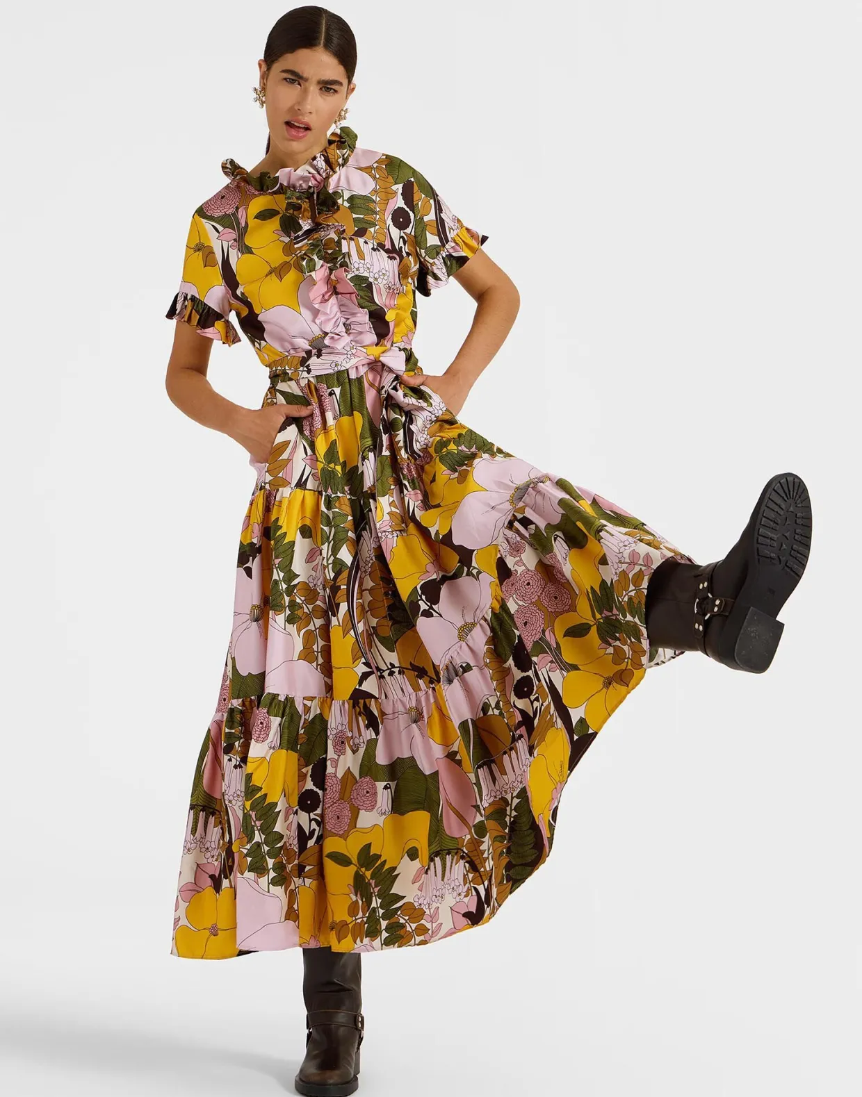 Long And Sassy DressBig Flower Rose in Silk Twill