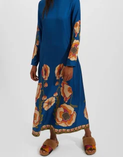 Long Sleeve Swing DressPoppies Blue Plac&eacute;e in Twill Silk