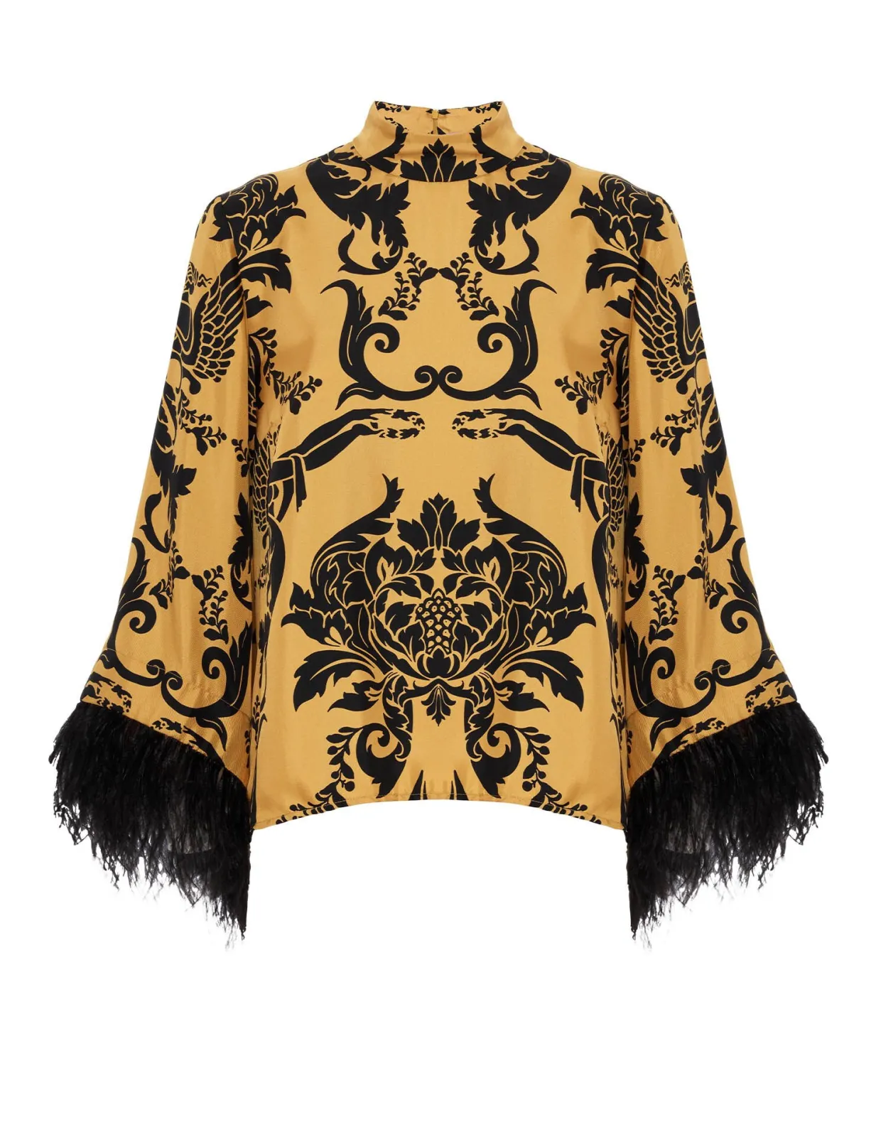Make An Exit TopCherubs Gold in Silk Twill With Feathers