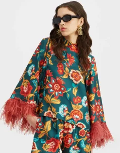 Make An Exit TopHottie Emerald in Silk Twill With Feathers