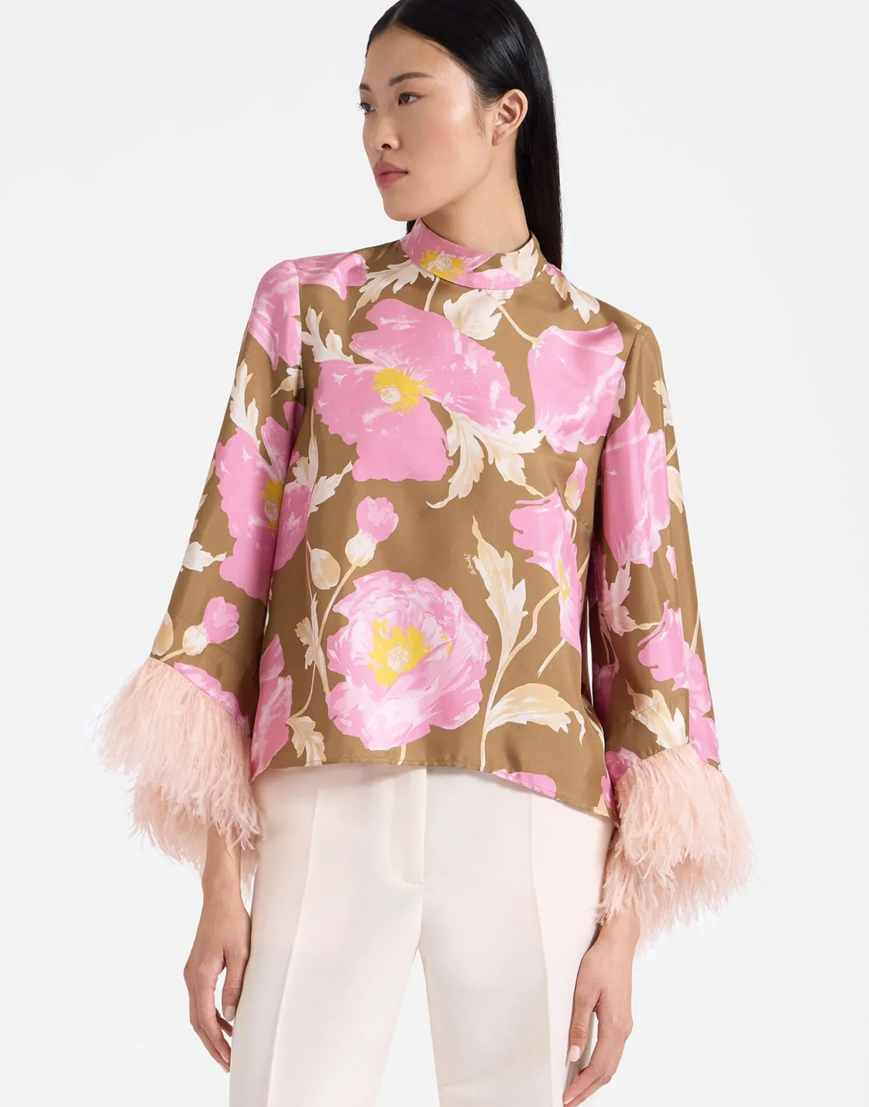Make An Exit TopSylph Khaki in Silk Twill With Feathers
