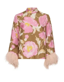 Make An Exit TopSylph Khaki in Silk Twill With Feathers