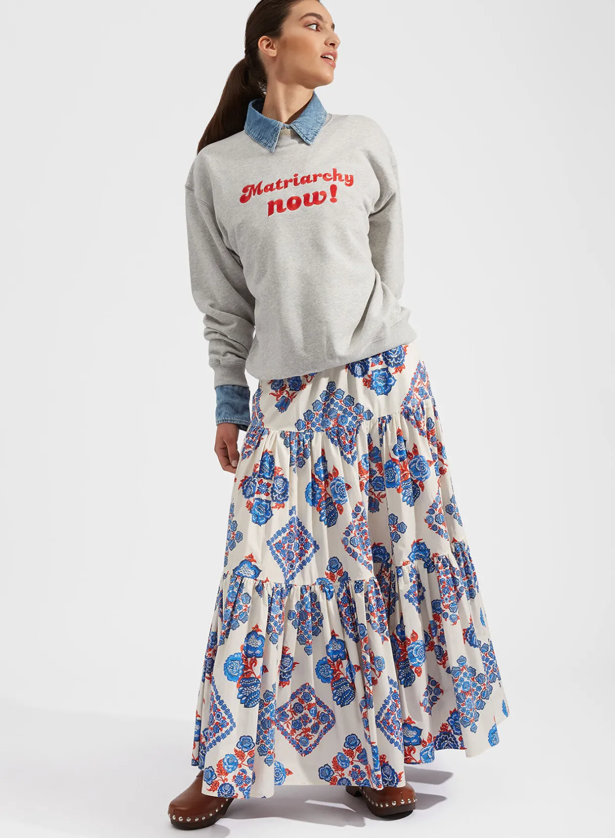 “MATRIARCHY NOW!” Stand-up SweatshirtT.Unita Grigio in Cotton Felpa