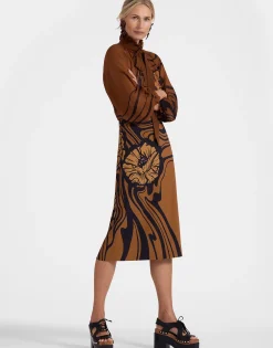 Pencil SkirtBig Blooms Plac&eacute;e Brown in Envers Satin