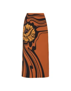 Pencil SkirtBig Blooms Plac&eacute;e Brown in Envers Satin