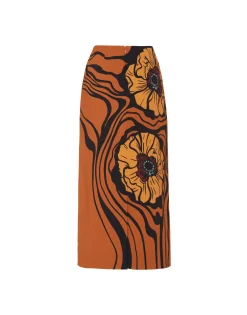 Pencil SkirtBig Blooms Plac&eacute;e Brown in Envers Satin