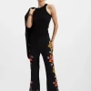 Stretch PantsFolk Flowers Nero Plac&eacute;e in Viscose Jersey