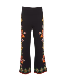 Stretch PantsFolk Flowers Nero Plac&eacute;e in Viscose Jersey