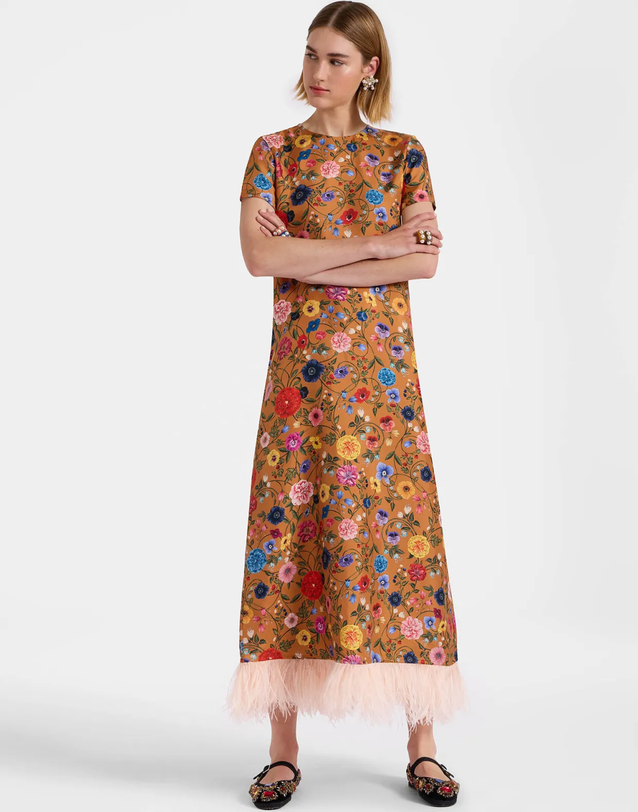 Swing DressBotticelli Rust in Silk Twill With Feathers