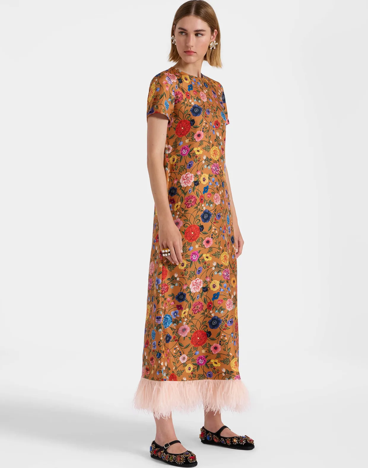 Swing DressBotticelli Rust in Silk Twill With Feathers