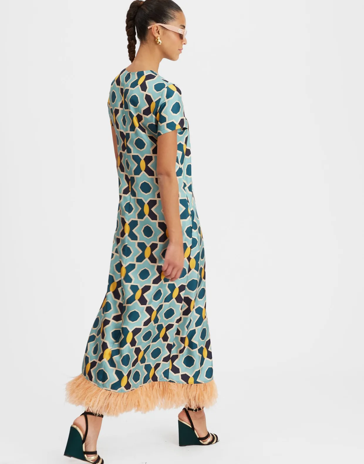 Swing DressPlaza Light Blue in Silk Twill With Feathers