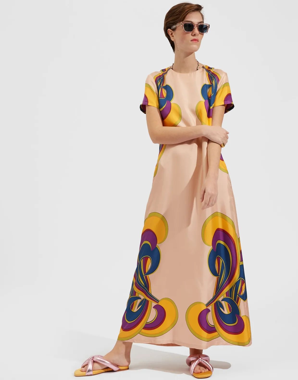 Swing DressRainbow Swirl Rosa Placée in Twill Silk