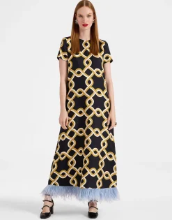 Swing DressTackle Black in Silk Twill With Feathers