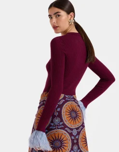 V-Neck High Kick TopSolid Burgandy in Ribbed Silk Cashmere With Feathers