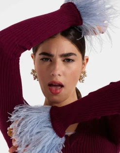 V-Neck High Kick TopSolid Burgandy in Ribbed Silk Cashmere With Feathers