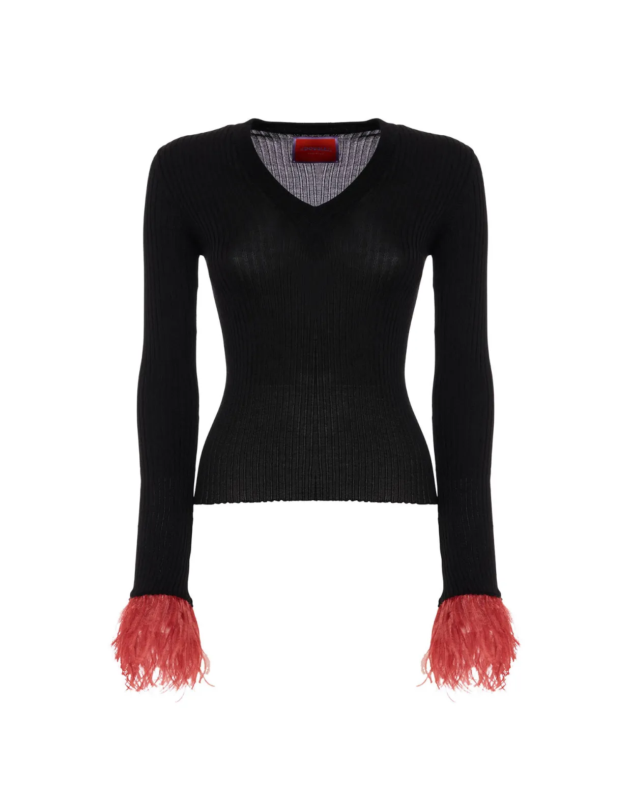 V-Neck High Kick TopSolid Black in Ribbed Silk Cashmere With Feathers