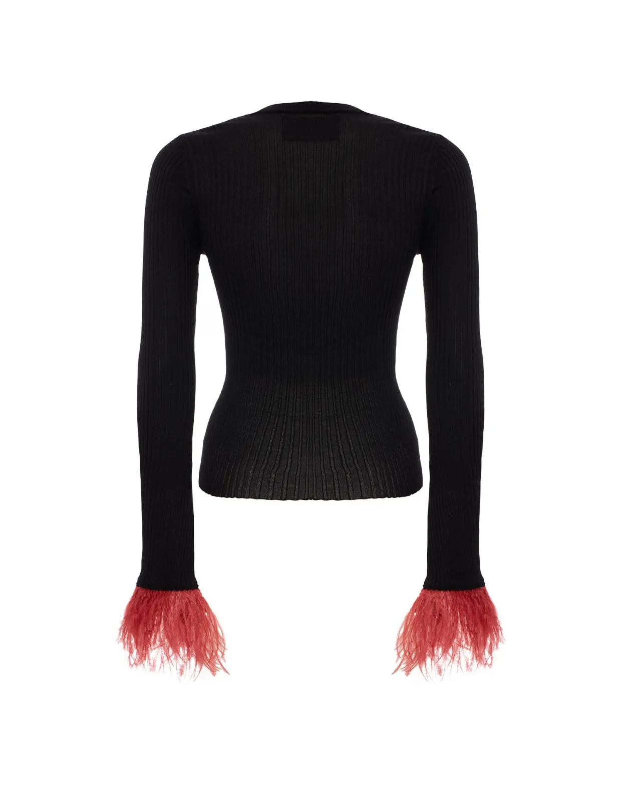 V-Neck High Kick TopSolid Black in Ribbed Silk Cashmere With Feathers