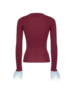 V-Neck High Kick TopSolid Burgandy in Ribbed Silk Cashmere With Feathers